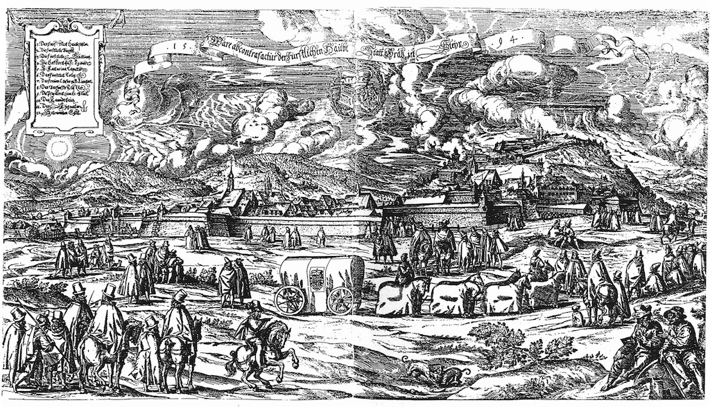 Reproduktion des ältesten Druckes von Georg Pehaim, 1594, Aktivitäten auf den Glacisflächen vor den Mauern, Graz